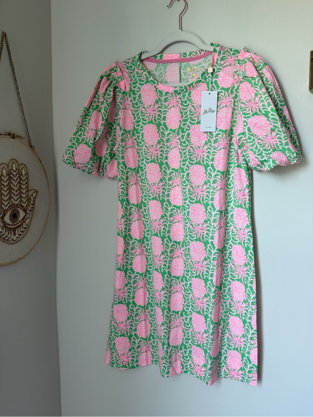Lilly Pulitzer Pink pineapple Green floral puff short sleeve cotton Dress